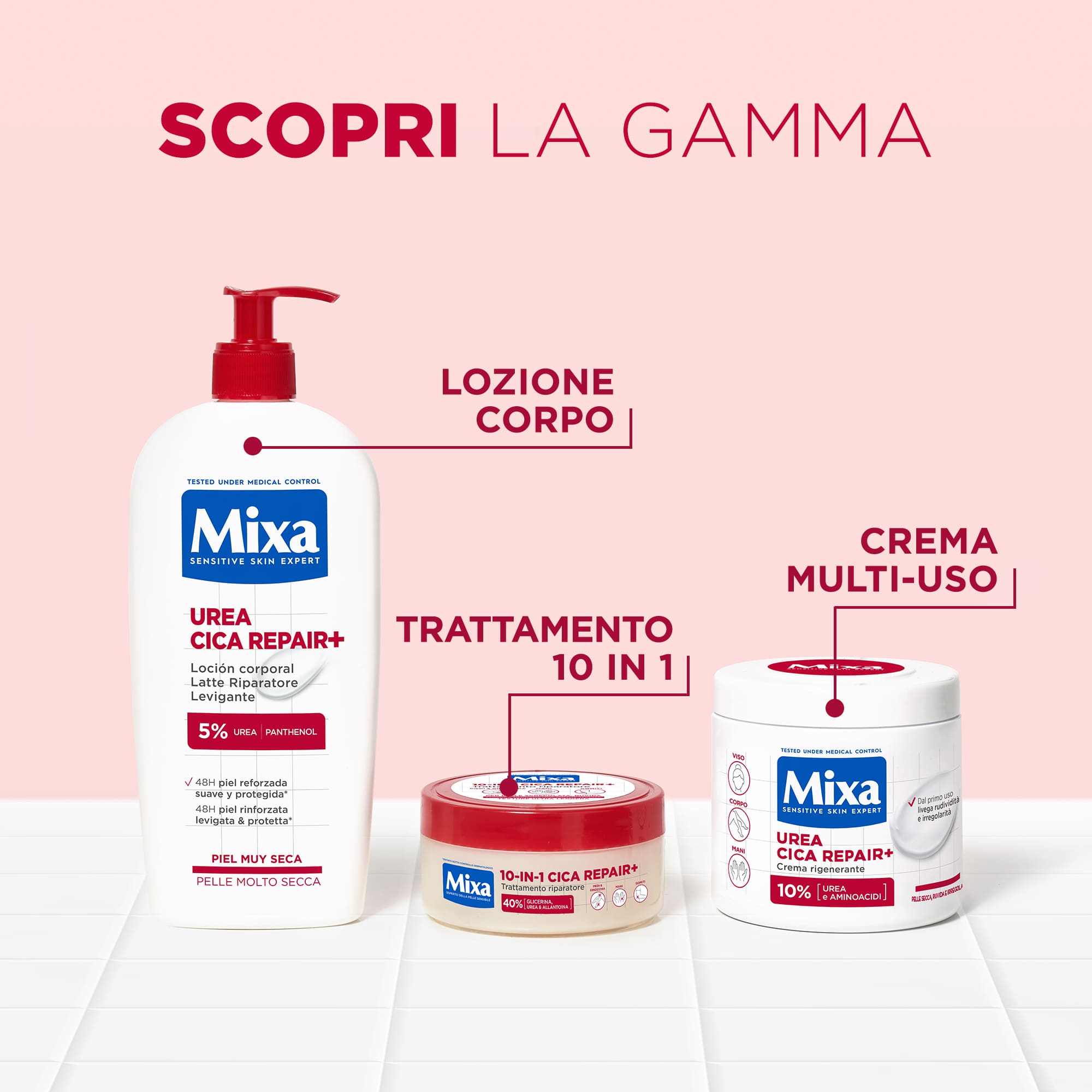 Prodotti della gamma Mixa Urea Cica Repair+: lozione corpo, trattamento 10-in-1, crema multi-uso