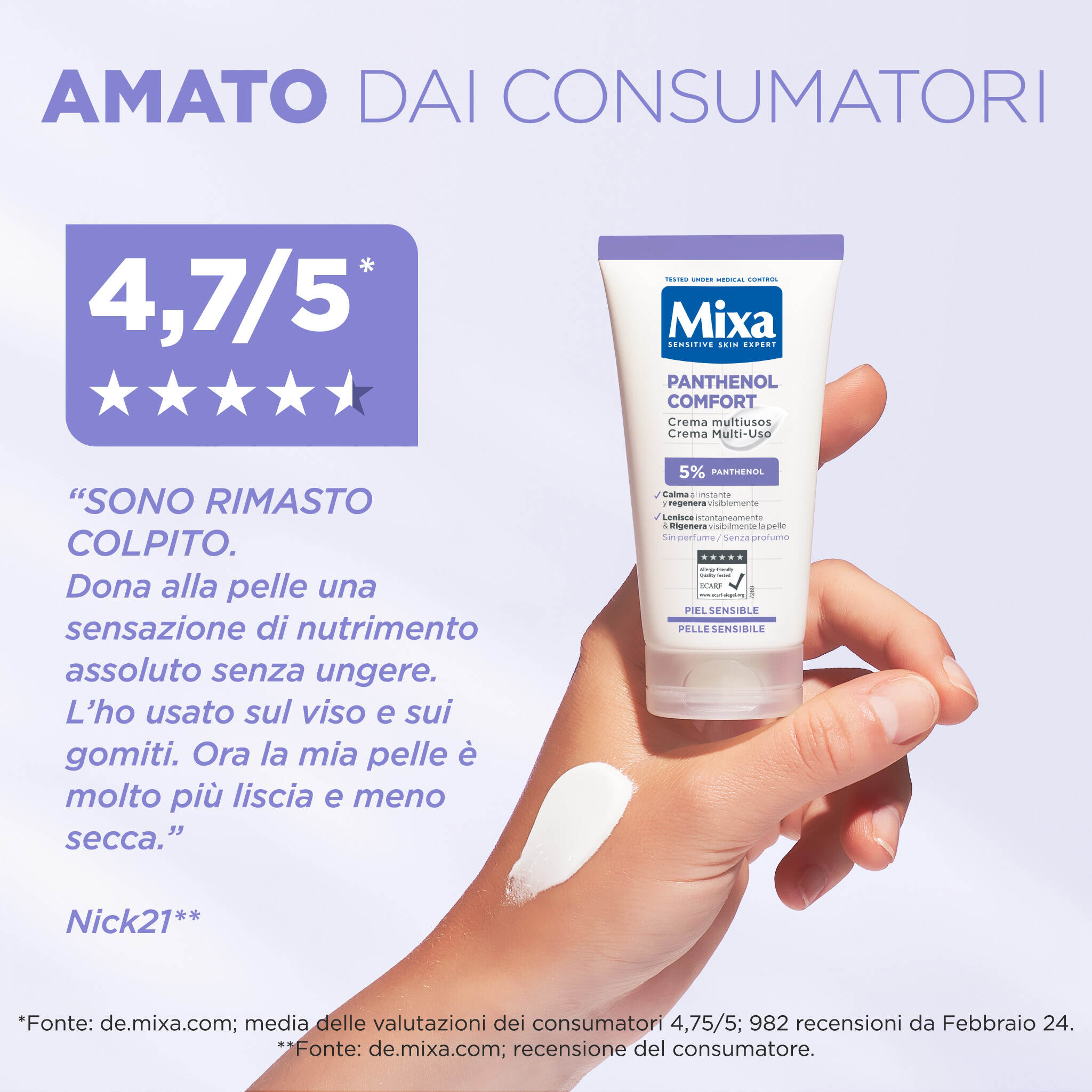Prodotti della gamma Panthenol Comfort mixa: lozione corpo, crema corpo, crema multi-uso