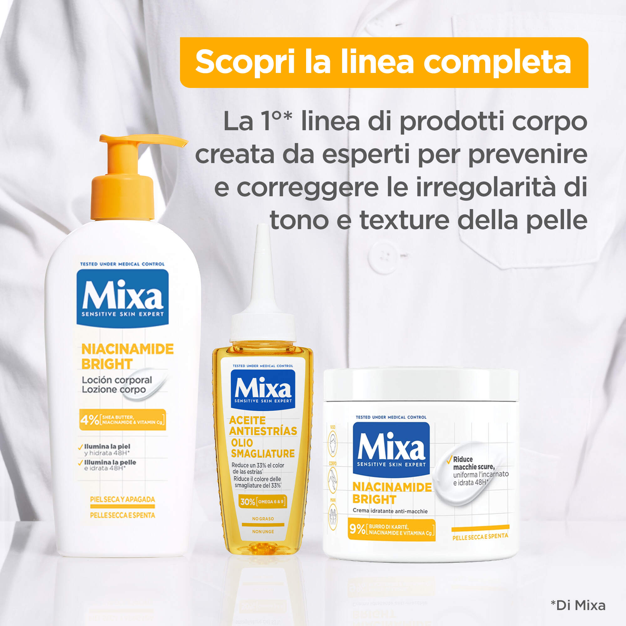 prodotti della linea completa Niacinamide Bright Mixa: lozione corpo, olio smagliature, crema idratante corpo
